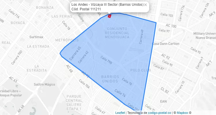 Código Postal Barrio Los Andes - Vizcaya III Sector en Barrios Unidos, Bogotá