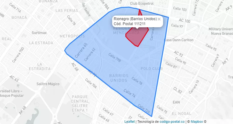 Código Postal Barrio Rionegro en Barrios Unidos, Bogotá