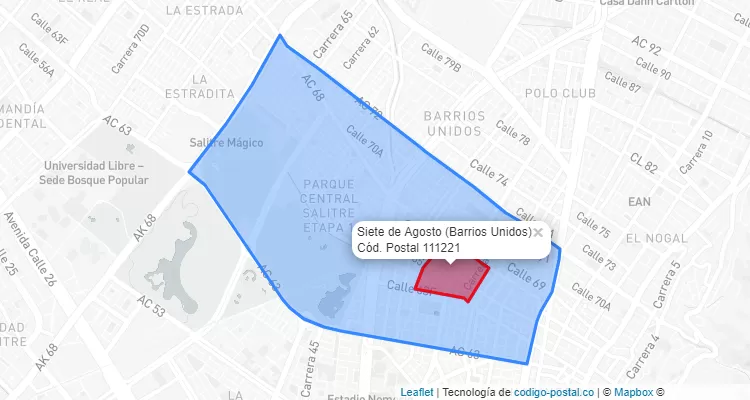 Código Postal Barrio Siete de Agosto en Barrios Unidos, Bogotá