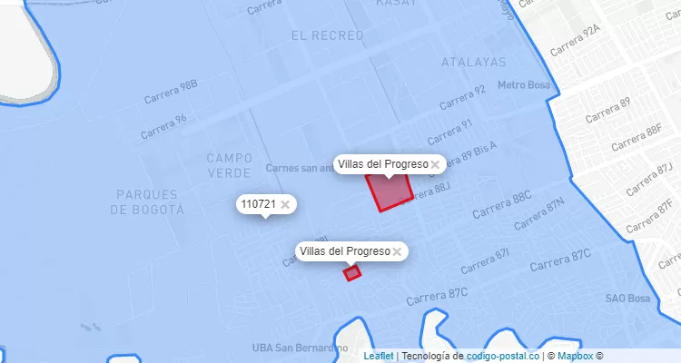 ZIP Code Locality Villas del Progreso in Bosa, Bogotá