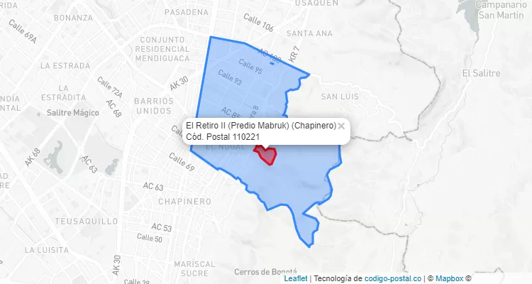 Código Postal Barrio El Retiro II (Predio Mabruk) en Chapinero, Bogotá