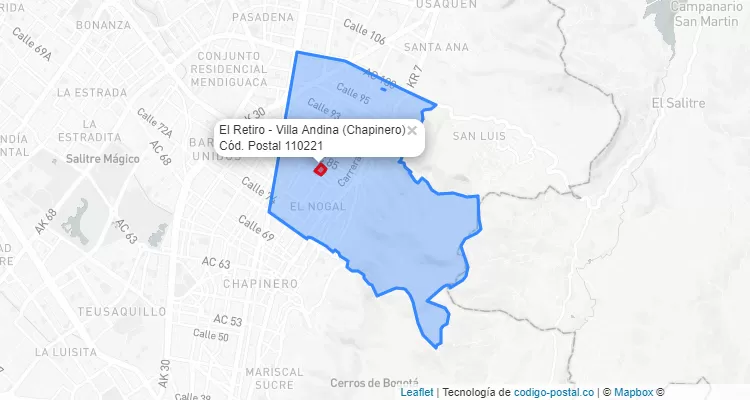 Código Postal Barrio El Retiro - Villa Andina en Chapinero, Bogotá