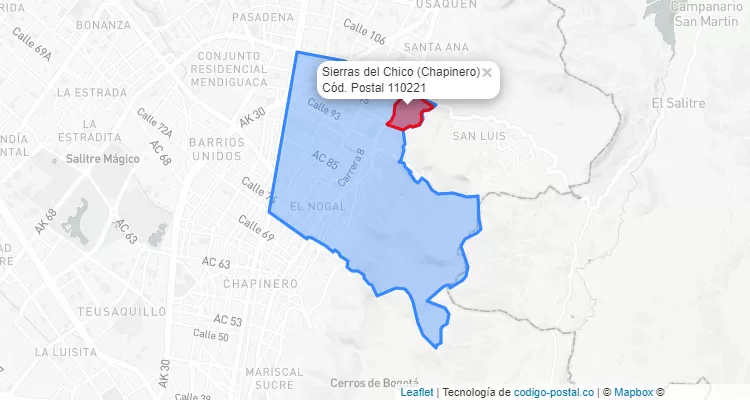 Código Postal Barrio Sierras del Chico en Chapinero, Bogotá