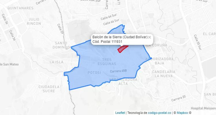 Código Postal Barrio Balcón de la Sierra en Ciudad Bolívar, Bogotá