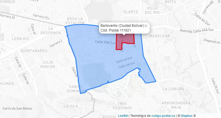 Código Postal Barrio Barlovento en Ciudad Bolívar, Bogotá