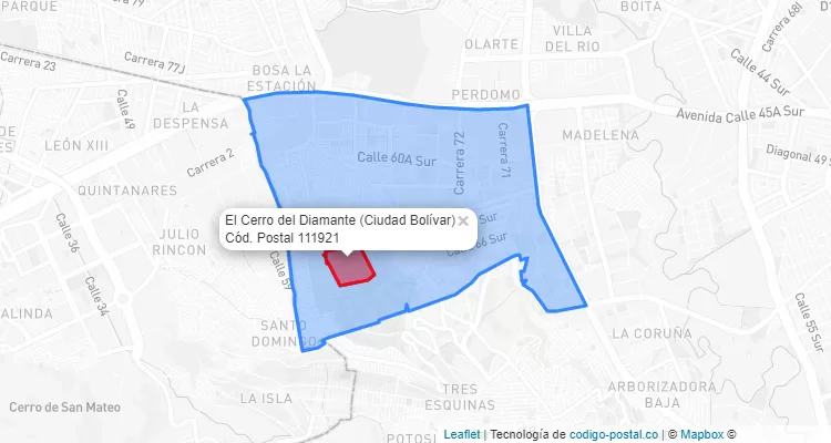 Código Postal Barrio El Cerro del Diamante en Ciudad Bolívar, Bogotá