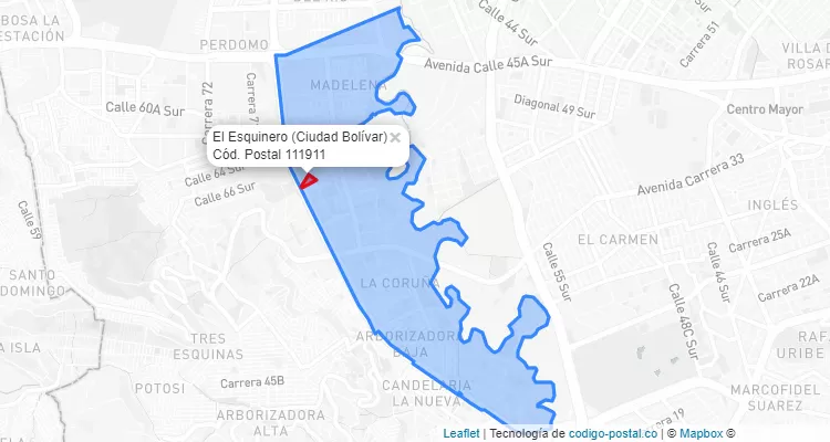 Código Postal Barrio El Esquinero en Ciudad Bolívar, Bogotá