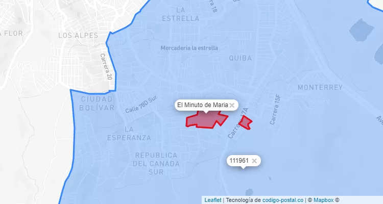 Código Postal Barrio El Minuto de Maria en Ciudad Bolívar, Bogotá