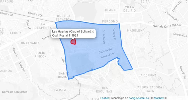 Código Postal Barrio Las Huertas en Ciudad Bolívar, Bogotá
