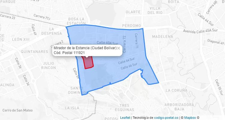 Código Postal Barrio Mirador de la Estancia en Ciudad Bolívar, Bogotá