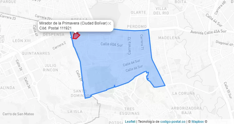 Código Postal Barrio Mirador de la Primavera en Ciudad Bolívar, Bogotá