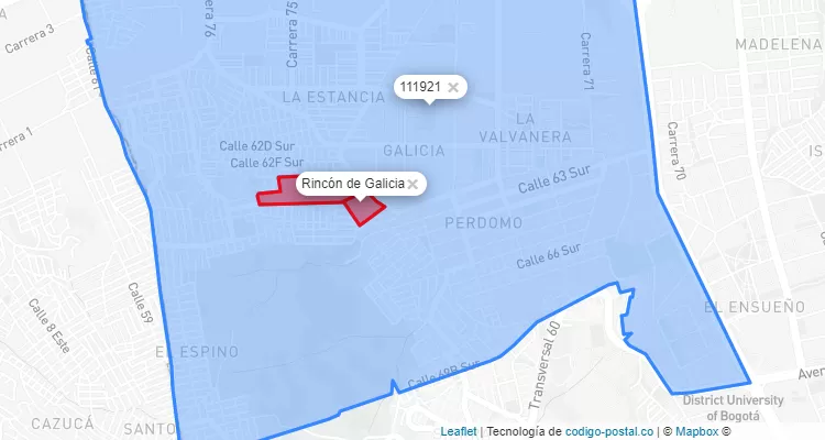 Código Postal Barrio Rincón de Galicia en Ciudad Bolívar, Bogotá
