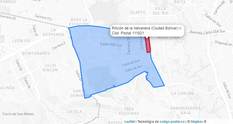 Código Postal Barrio Rincón de la Valvanera en Ciudad Bolívar, Bogotá