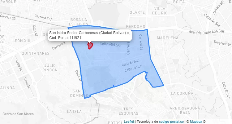 Código Postal Barrio San Isidro Sector Carboneras en Ciudad Bolívar, Bogotá