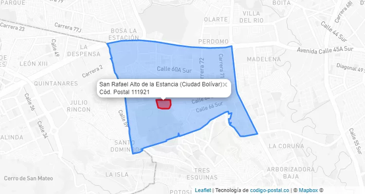 Código Postal Barrio San Rafael Alto de la Estancia en Ciudad Bolívar, Bogotá