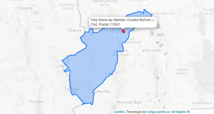 Código Postal Barrio Villa Gloria las Manitas en Ciudad Bolívar, Bogotá