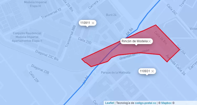 ZIP Code Locality Rincón de Modelia in Fontibón, Bogotá