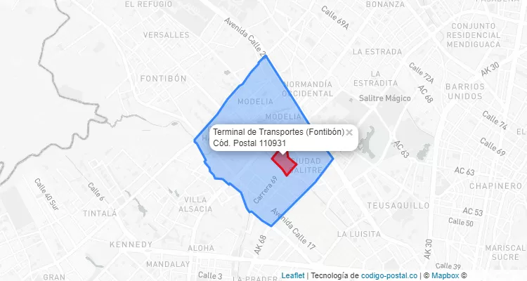 ZIP Code Locality Terminal de Transportes in Fontibón, Bogotá