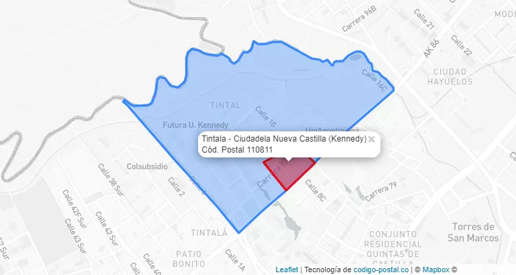 Código Postal Barrio Tintala - Ciudadela Nueva Castilla en Kennedy, Bogotá