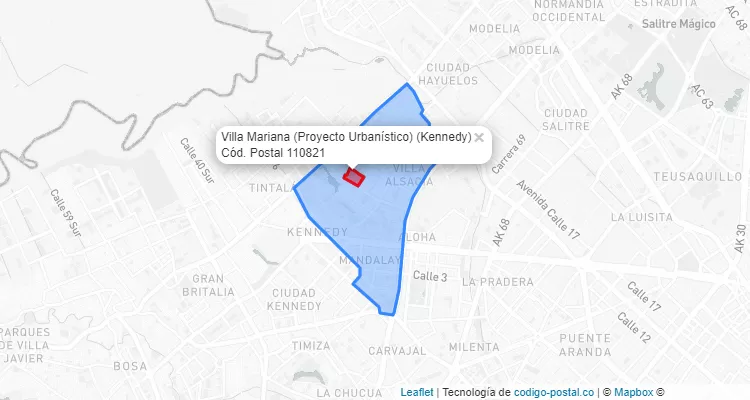 Código Postal Barrio Villa Mariana (Proyecto Urbanístico) en Kennedy, Bogotá