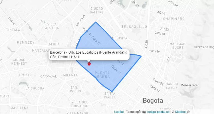 Código Postal Barrio Barcelona - Urb. Los Eucaliptos en Puente Aranda, Bogotá