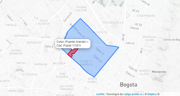 Código Postal Barrio Colon en Puente Aranda, Bogotá
