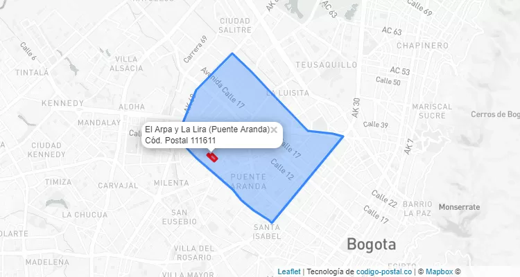 Código Postal Barrio El Arpa y La Lira en Puente Aranda, Bogotá