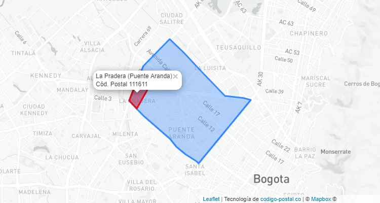 Código Postal Barrio La Pradera en Puente Aranda, Bogotá