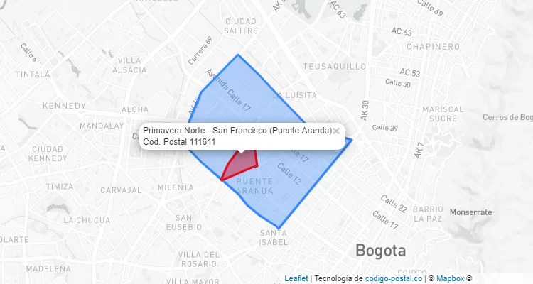 Código Postal Barrio Primavera Norte - San Francisco en Puente Aranda, Bogotá