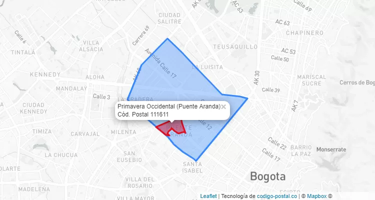 Código Postal Barrio Primavera Occidental en Puente Aranda, Bogotá