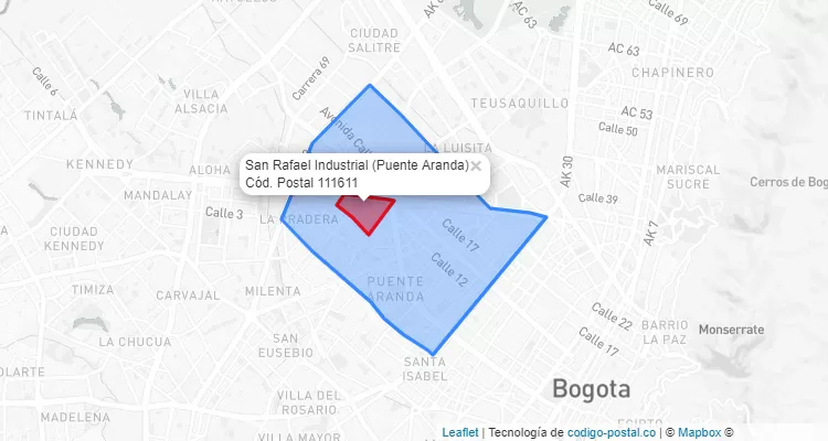 Código Postal Barrio San Rafael Industrial en Puente Aranda, Bogotá