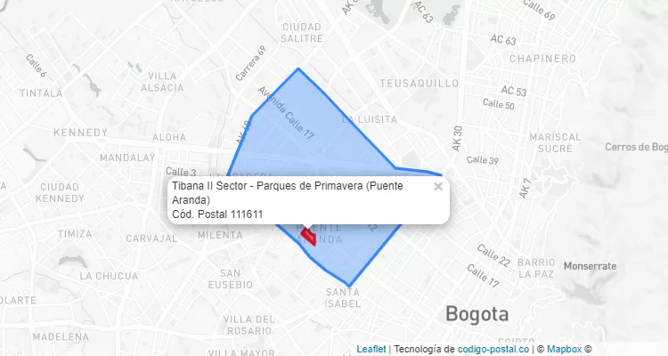 Código Postal Barrio Tibana II Sector - Parques de Primavera en Puente Aranda, Bogotá