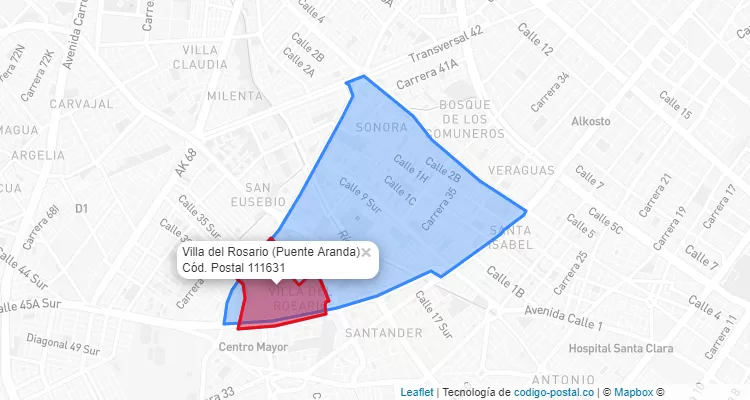 Código Postal Barrio Villa del Rosario en Puente Aranda, Bogotá