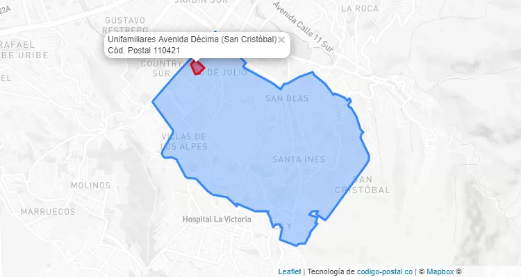 Código Postal Barrio Unifamiliares Avenida Décima en San Cristóbal, Bogotá