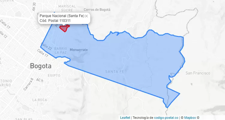 ZIP Code Locality Parque Nacional in Santa Fe, Bogotá