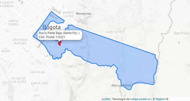 ZIP Code Locality Rocío Parte Baja in Santa Fe, Bogotá