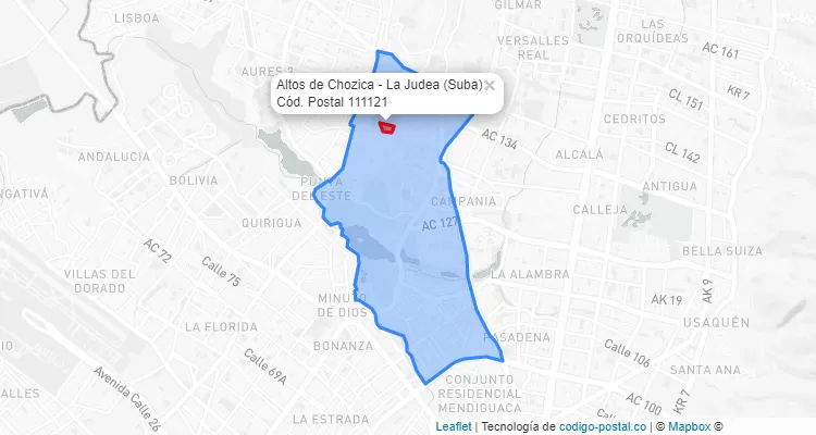 Código Postal Barrio Altos de Chozica - La Judea en Suba, Bogotá
