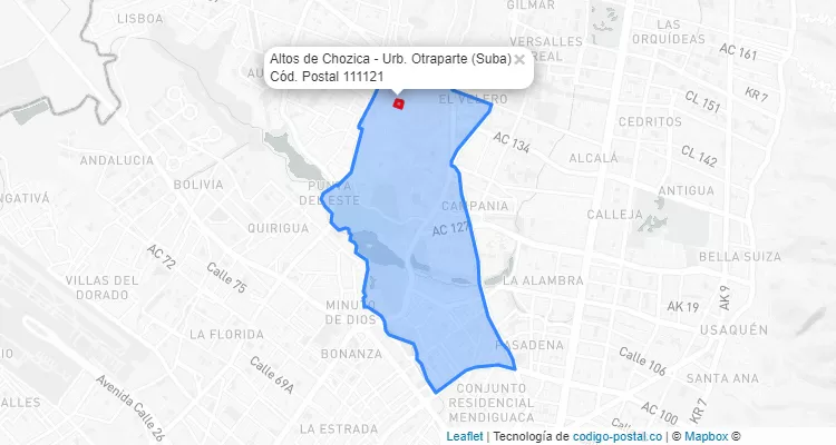 Código Postal Barrio Altos de Chozica - Urb. Otraparte en Suba, Bogotá