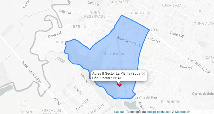 ZIP Code Locality Aures II Sector La Planta in Suba, Bogotá