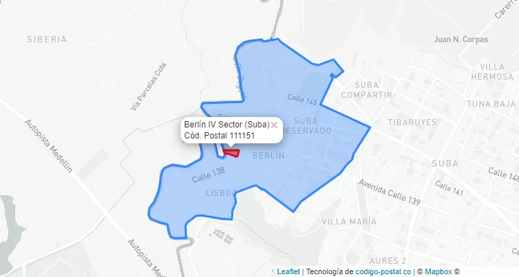 ZIP Code Locality Berlín IV Sector in Suba, Bogotá