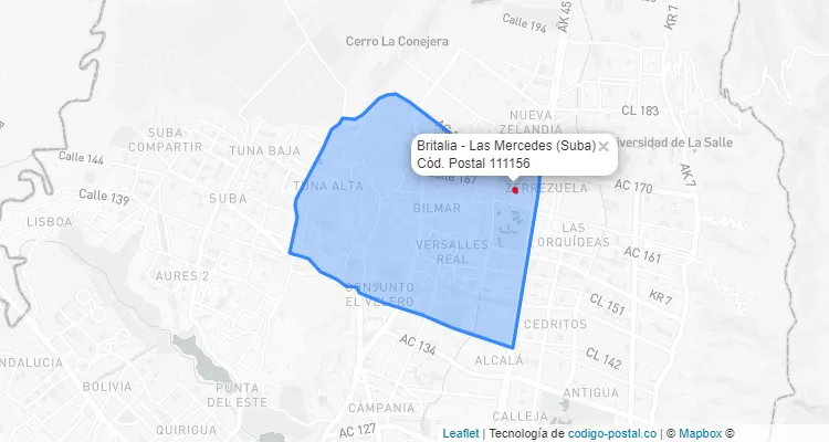 Código Postal Barrio Britalia - Las Mercedes en Suba, Bogotá