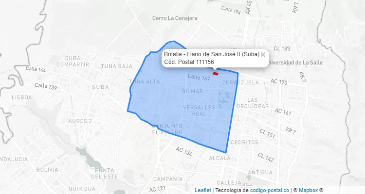 Código Postal Barrio Britalia - Llano de San José II en Suba, Bogotá