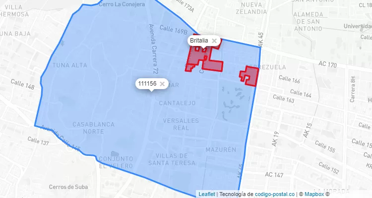 ZIP Code Locality Britalia in Suba, Bogotá
