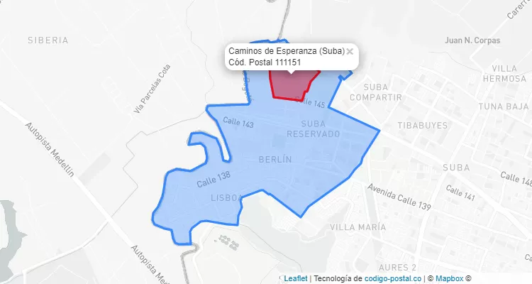 ZIP Code Locality Caminos de Esperanza in Suba, Bogotá