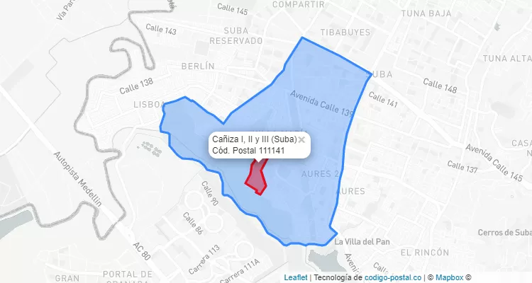 Código Postal Barrio Cañiza I, II y III en Suba, Bogotá
