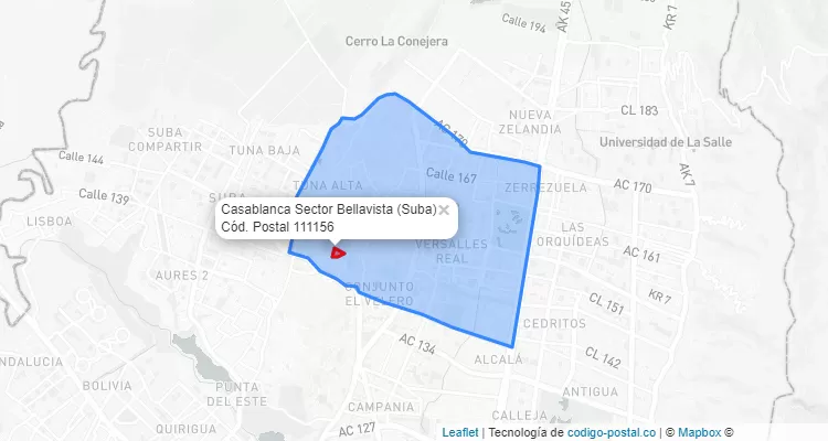 Código Postal Barrio Casablanca Sector Bellavista en Suba, Bogotá