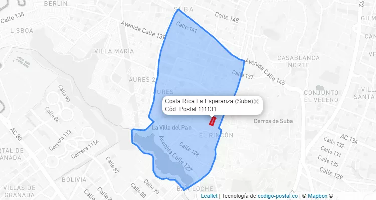 Código Postal Barrio Costa Rica La Esperanza en Suba, Bogotá
