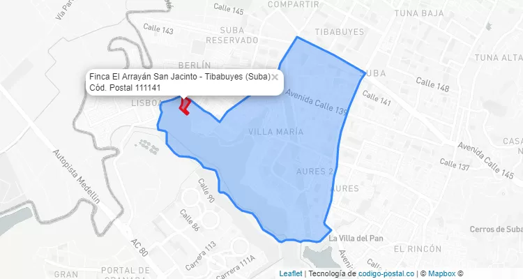 ZIP Code Locality Finca El Arrayán San Jacinto - Tibabuyes in Suba, Bogotá