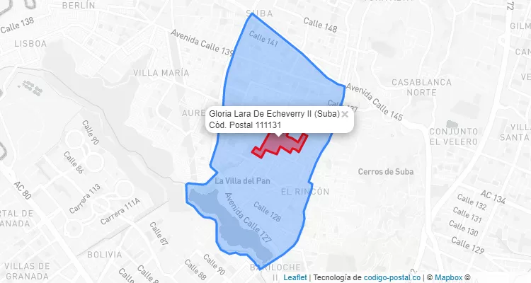 Código Postal Barrio Gloria Lara De Echeverry II en Suba, Bogotá