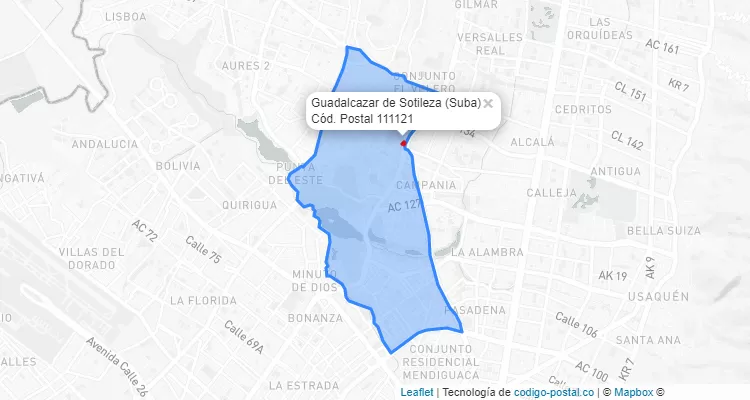 Código Postal Barrio Guadalcazar de Sotileza en Suba, Bogotá
